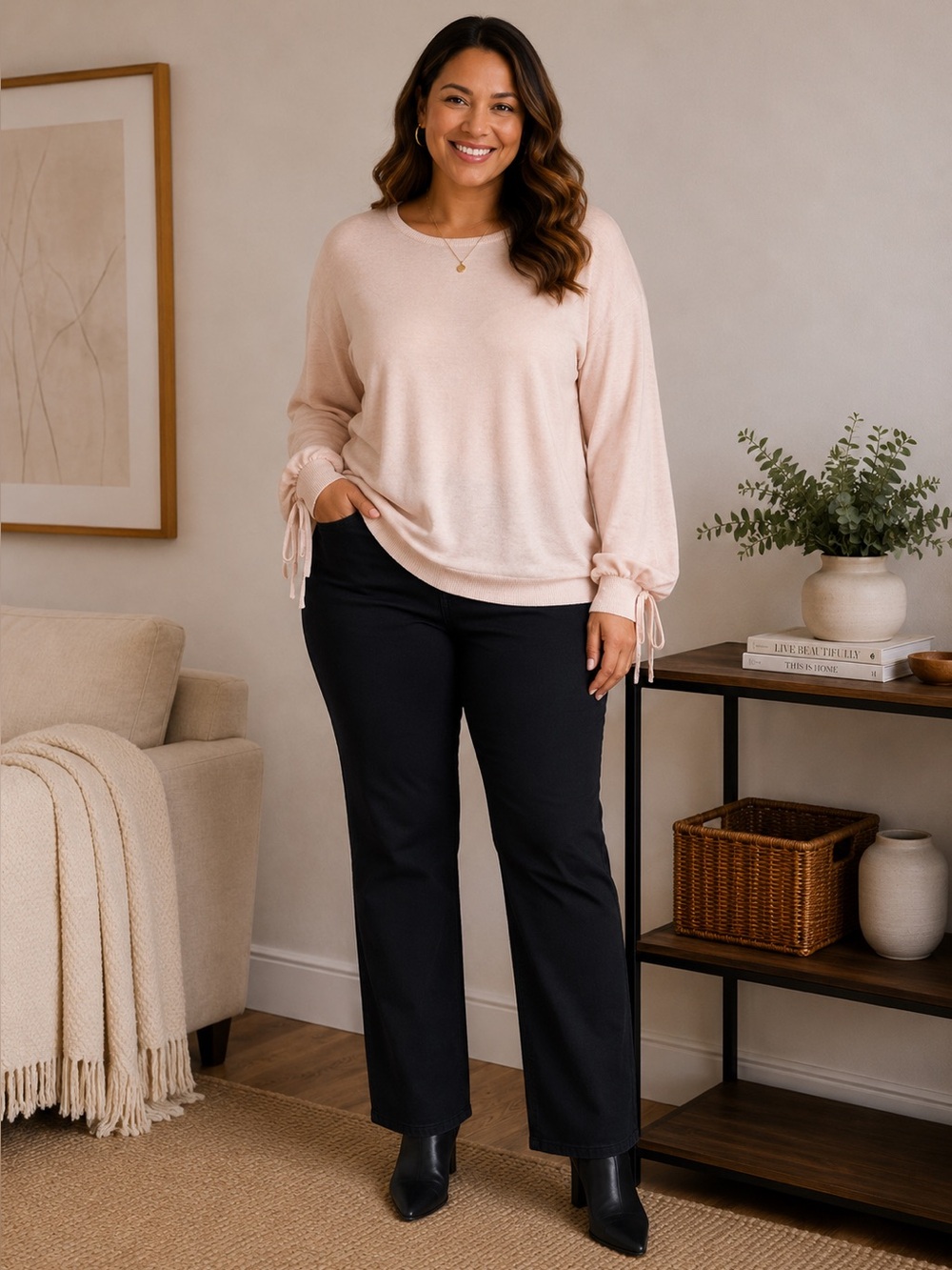 Eloquii Pastel Pink Crewneck Sweater with Tie Cuffs